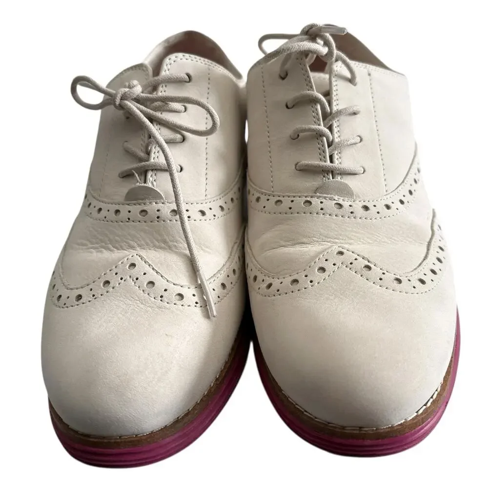 Cole Haan ZeroGrand Oxford Shoes Women 10 White Suede Pink Sole Lace Up Wingtip - Picture 10 of 12